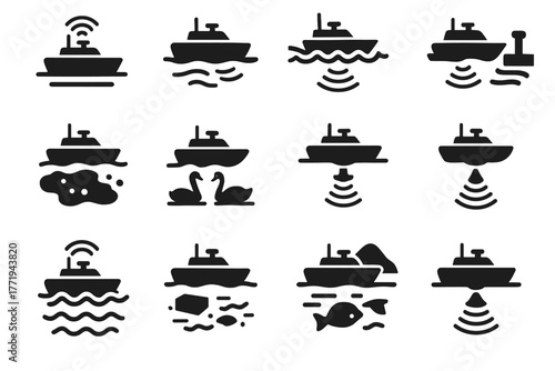 Nano vector icon lake river deployment boat shallow water mapping harbor resistance