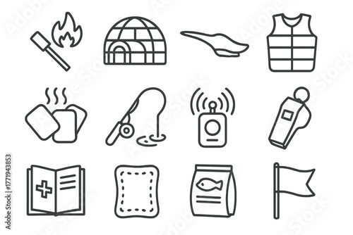 Polar Survival Essentials. Line style round vector icons of Survival in Polar Regions: Fire Starter, Insulated Shelter, Snow