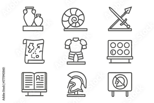 Line Icons of Antiquities. Line style icons of History Exhibit: Ancient Pottery, Fossil, Weapon Display, Old Map, Armor, Coin