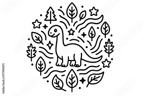 Brontosaurus Mandala Coloring. Brontosaurus in the middle with trees, river shapes, stars, and leaves radiating outward in mandala