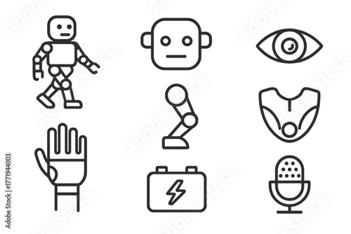 Humanoid Robot Icons. Line style icons of Humanoid Robots: Walking Robot, Robot Head, Eye Camera, Hand, Leg Joint, Chest Plate,