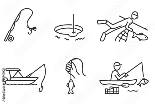 Fishing Methods Icons. Line style icons of Fishing methods: fly fishing, ice fishing hole, spear fishing, net casting, trolling,