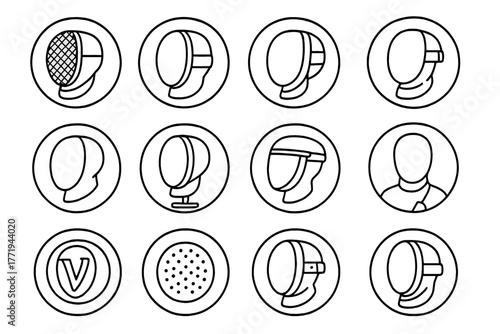 Fencing Mask Icons. Line style icons of fencing masks in round shape: wire mesh mask, padded mask, back strap mask, full face