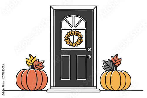 Fall decorated door with leaf wreath is flanked by pumpkins with autumn leaves and transparent background