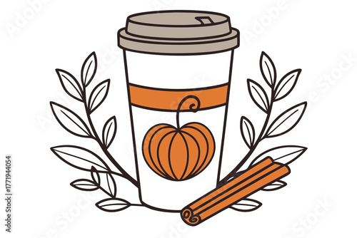 Festive white coffee cup featuring an orange pumpkin and cinnamon with autumn leaves