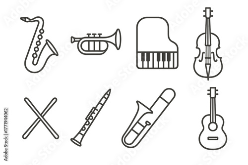 Jazz Instrument Icons. Line style icons of Jazz Instruments: Saxophone, Trumpet, Piano, Double Bass, Drum Sticks, Clarinet,