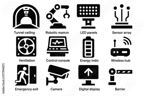 Vector array panels hub shaft tunnel barrier indicator underground arm icon