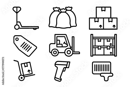 Wholesale Market Icons. Line style icons of Wholesale Market: Pallet Jack, Bulk Packages, Stacked Boxes, Price Label, Forklift,