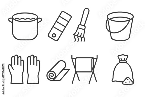 Dyeing Process Icons. Line style icons of Dyeing process: dye pot, color swatch, brush, water bucket, gloves, fabric roll, drying