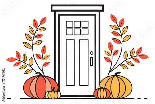 Front door framed by pumpkins and colorful fall leaves on stems is on white