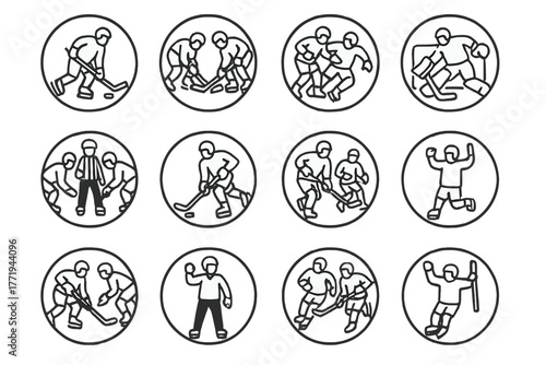 Hockey Icon Montage. Line style icons of game action in round shape: slapshot, face-off, body check, goalie save; puck drop,