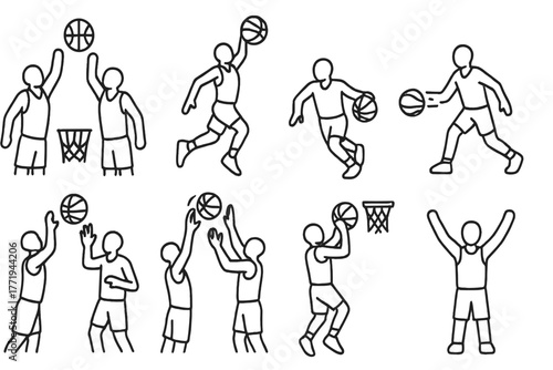 Basketball Icon Set. Line style icons of Basketball Match: Tip-off, Dunk, Dribble, Pass, Block, Rebound, Shot, Celebration, No