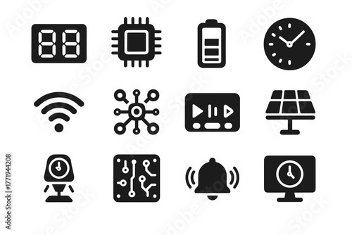 Vector clock digital control bell nano buttons energy indicator holographic icon core