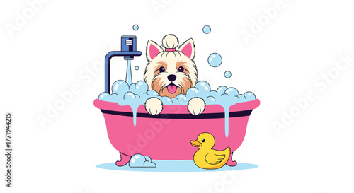 Cute cartoon dog enjoying a bubble bath with a rubber ducky and water faucet.