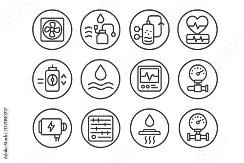 Life Support System Icons. Line style round vector icons of Life Support Systems: Air Scrubber, Water Recycler, CO2 Filter,