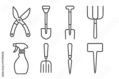 Garden Tools Icons. Line style icons of Garden tools: pruning shears, spade, hoe, garden fork, spray bottle, hand rake, dibber,