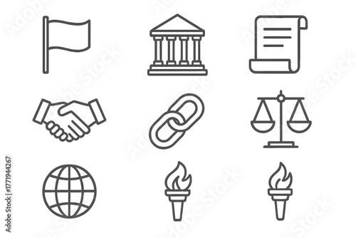 Political Philosophy Icons. Line style icons of Political Philosophy: Flag, Government Building, Scroll, Handshake, Chain, Scales,