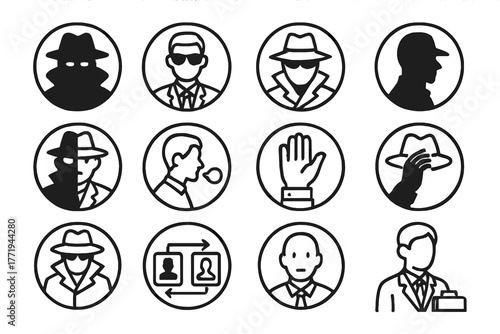 Spy Persona Icons. Line style icons of spy personas in round shape: shadowed figure, agent in glasses, mystery man, silhouette