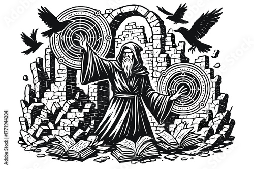 Dark Wizard Enchantment. Dark wizard in a ruined tower casting spells with glowing circles, ravens flying, and crumbling books,