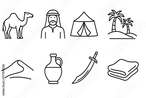 Nomadic Life Icons. Line style icons of Nomadic Life: Camel, Merchant, Tent, Oasis, Sand Dune, Water Jar, Scimitar, Silk, No text,