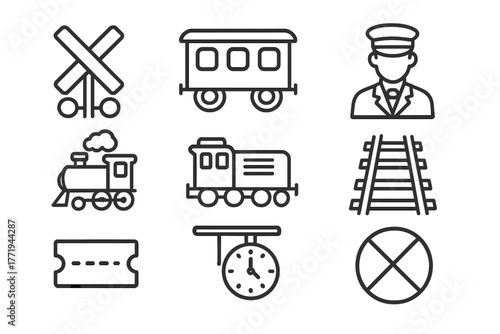 Train Line Icons. Line style icons of Train: Railroad Crossing, Passenger Car, Conductor, Steam, Locomotive, Train Tracks, Ticket,