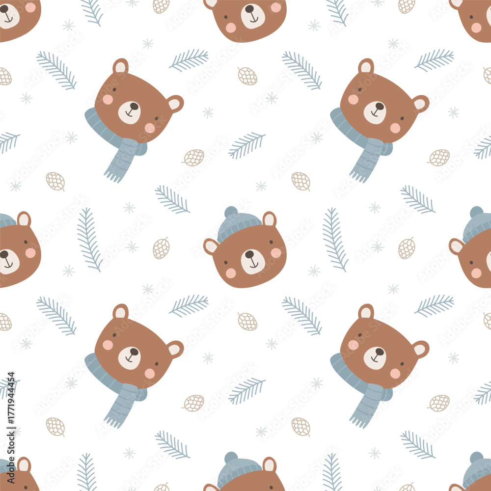 Fototapeta premium Seamless pattern with brown bear in blue hat and scarf, pine branches and cones, cozy winter background