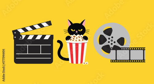 Grumpy black cat sitting in a popcorn bucket with movie clapperboard and film reel.