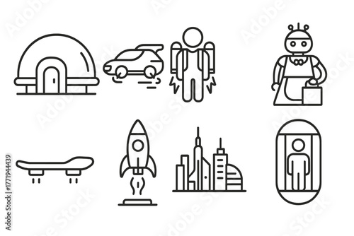 Futuristic Space Age Icons. Line style icons of Space Age Living: Domed House, Flying Car, Jetpack, Robot Maid, Hoverboard, Rocket