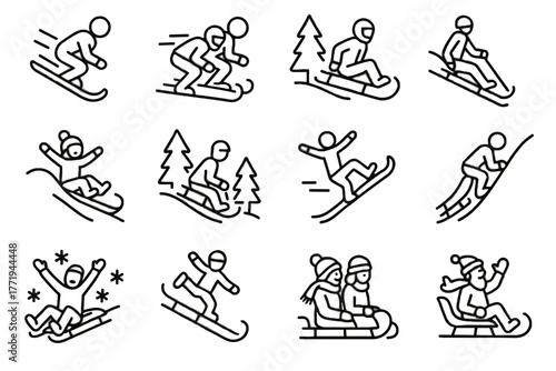 Fun winter sled vector family snow icon activity festive jumping sledding icons