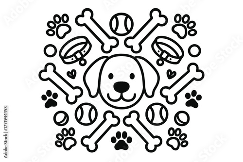 Paws and Bones Mandala. Dog face in the middle with bones, paw prints, collars, and tennis balls radiating outward in symmetrical