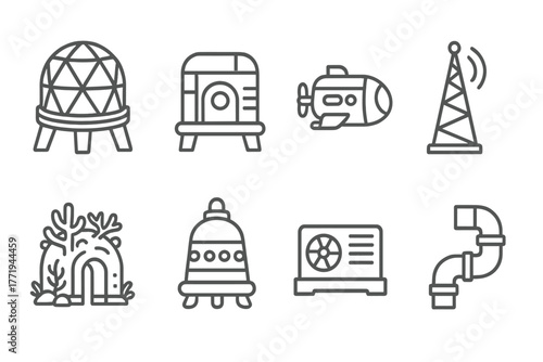Oceanic Outpost Icons. Line style icons of Oceanic Outpost: Research Dome, Airlock, Submersible, Antenna, Coral-Covered Structure,