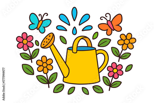 Colorful Garden Symphony. Watering can in the middle with droplets, leaves, flowers, and butterflies radiating outward in