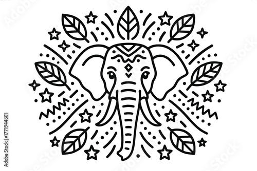 Elephant Mandala Coloring Page. Elephant in the middle with tusks, leaves, stars, and tribal patterns radiating outward in