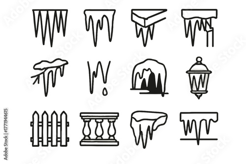 Collection hanging thick long branch vector icicles icon sharp icicle fence