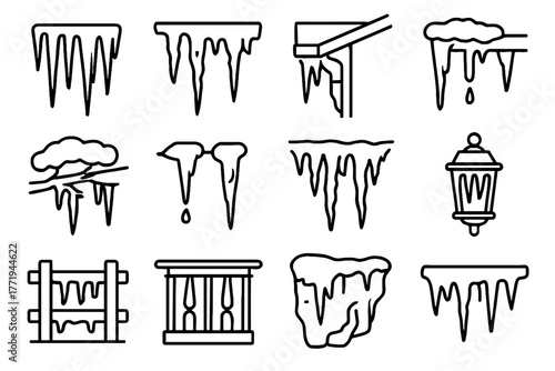 Cave icicles icicle melting snowy roof collection long hanging vector thick icon