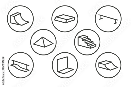 Skate Park Icons. Line style round vector icons of Skate Park Elements: Quarter Pipe, Funbox, Flat Rail, Pyramid Ramp; Stairs Set,