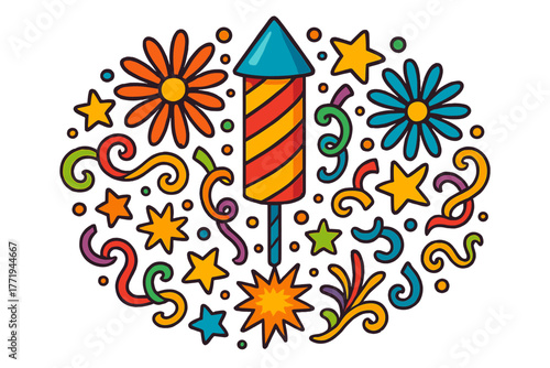 Celebratory Firework Mandala. Firework rocket in the middle with bursts, stars, ribbons, and swirls arranged in celebratory