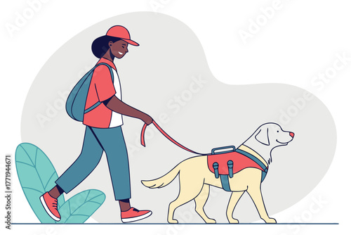 Smiling African woman walks with guide dog wearing harness in simple line style