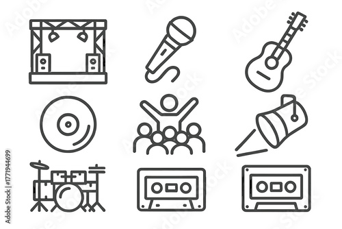 Indie Concert Icons. Line style icons of Indie Concert: Stage, Microphone, Guitar, Drum Kit, Vinyl Record, Crowd, Spotlight,