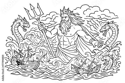 Poseidon's Sea Fury. Poseidon commanding stormy seas with a massive trident, sea serpents, and broken ships, black and white line