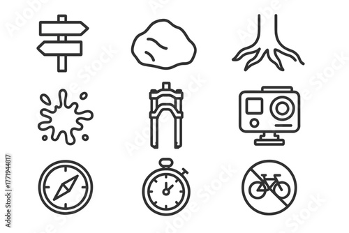 Mountain Biking Icons. Line style icons of Mountain biking: trail sign, rock, tree root, mud splash, suspension fork, action
