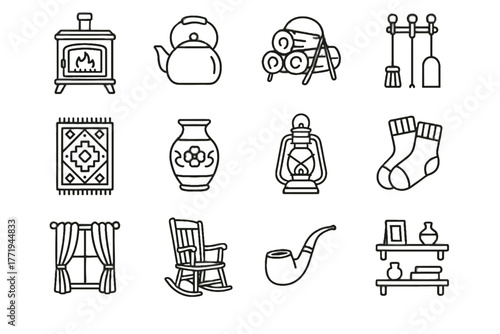 Pipe rug wool icons vector cast chair vintage fireplace icon tobacco curtains