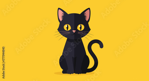 A cute cartoon black cat with big yellow eyes sits patiently on a plain yellow background.