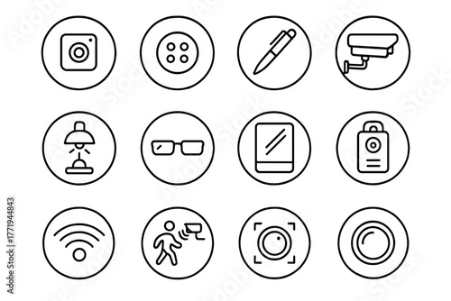 Hidden Surveillance Icons. Line style icons of hidden surveillance in round shape: micro camera, button cam, pen with lens, wall