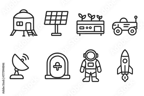 Cosmic Settlement Icons. Line style icons of Cosmic Settlement: Habitat Module, Solar Panel, Hydroponics Bay, Rover, Communication