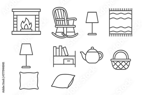 Cozy Interior Icons. Line style icons of Cozy interior: fireplace, rocking chair, rug, lamp, bookshelf, teapot, cushion, basket,