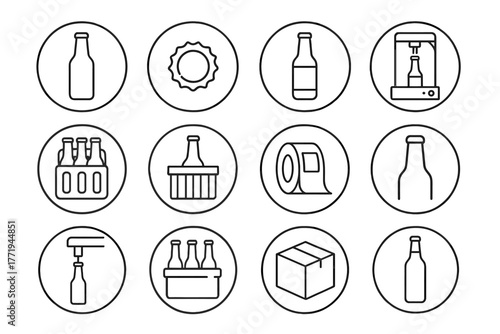 Bottling Line Icons. Line style icons of bottling and packaging in round shape: beer bottle, crown cap, labeled bottle, bottling