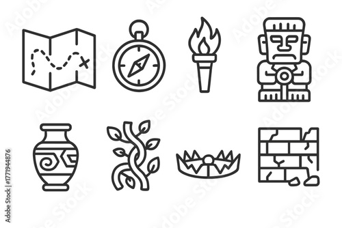 Explorer's Temple Icons. Line style icons of Explorer’s Temple: Map, Compass, Torch, Stone Idol, Relic, Vines, Trap, Broken Wall,