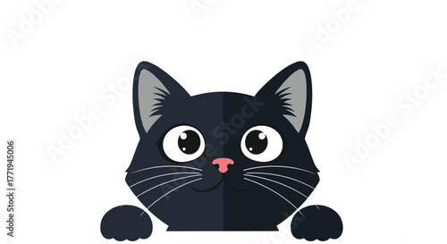 Cute black cat peeking from behind a white surface with big eyes and whiskers.