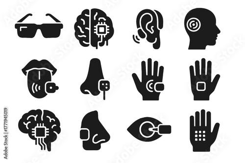 Tactile sensory cortex icon chip sensor vector interface glasses taste implant icons